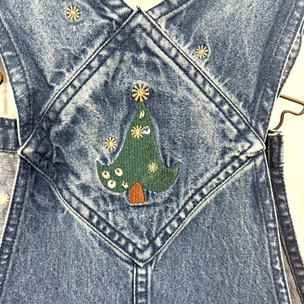 Christopher Banks Embroidered Denim Christmas overalls Large Vintage - Picture 6 of 10